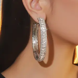 Very Shiny Rhinestone Prom Earrings Silver Plated Three Row Full Rhinestone Exaggerate Hoop Earrings For Women 2024