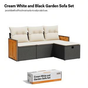 Conjunto de sofá de jardín de 3 plazas en color blanco crema y negro, mimbre de ratán para exteriores, diseño contemporáneo - Product Image 1