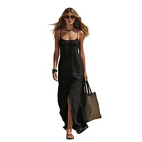 Gaun Maxi Poliester Hijau Zaitun Elegan untuk Wanita Gaun Panjang Tanpa Lengan dengan Tali Spaghetti Seksi dan Belahan Samping untuk Musim Panas, Pantai, dan Resor.