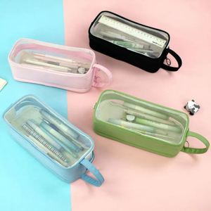 <b>Multi</b>-<b>Color</b> Large-Capacity Double-Layer Nylon Mesh + Polyester Transparent Pencil Case for School Office Use Portable Storage - Product Image 3