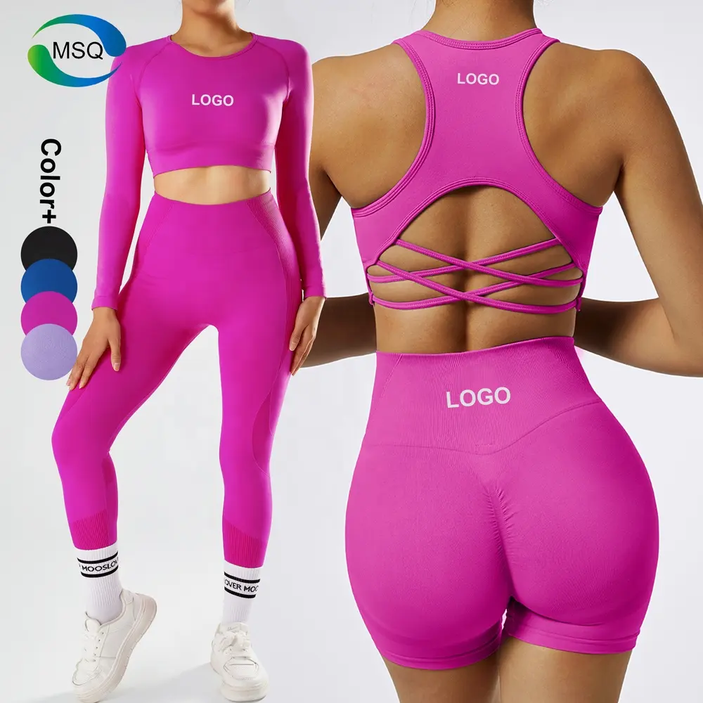 Wholesale Custom Logo Gym Fitness Sets Woman Yoga Leggings Long Sleeve Top Sports Bra Yoga 2 Piece Workout Set For Women