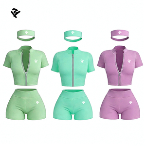 Ensemble de vêtements de sport pour femmes en 3 pièces, veste courte à fermeture éclair à manches courtes, short de sport, bandeau, <span class=keywords><strong>tenue</strong></span> de yoga, gym, entraînement, fitness, vêtements de sport - Product Image 1