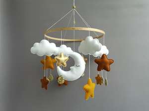 Mobile musical pour bébé en feutre bohème en <span class=keywords><strong>terre</strong></span> <span class=keywords><strong>cuite</strong></span> avec étoile dorée et lune, couleur orange brûlé, pour chambre de bébé unisexe - Product Image 5