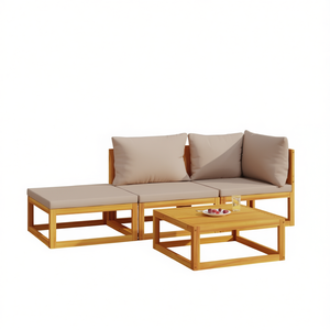 Ensemble de salon de jardin taupe en teck, 4 places, mobilier d'extérieur au design contemporain - Product Image 1
