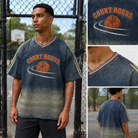 Maillot de basketball bleu délavé vintage personnalisé, imprimé sérigraphié, col en V, manches courtes, style sportif, marque privée, fabricant