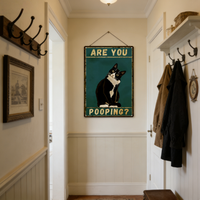 Décoration murale rustique en fer rectangulaire avec chat élégant et paysage - 'Are You Pooping' - Décoration murale 'Mur de Gloire' avec chat noir pour anniversaire et mariage