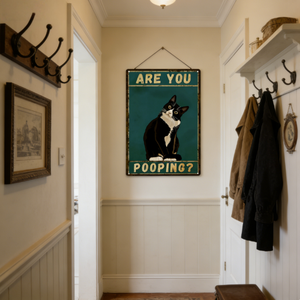 Panneau de salle de bain en métal amusant avec chat tuxedo - Décoration murale « Are You Pooping - Wall of Glory » - Panneau chat noir - Product Image 1