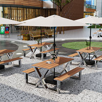Ensemble table et chaises d'extérieur commercial en acier inoxydable au design minimaliste et moderne, avec fonction de démontage et parasol inclus, pour repas décontractés
