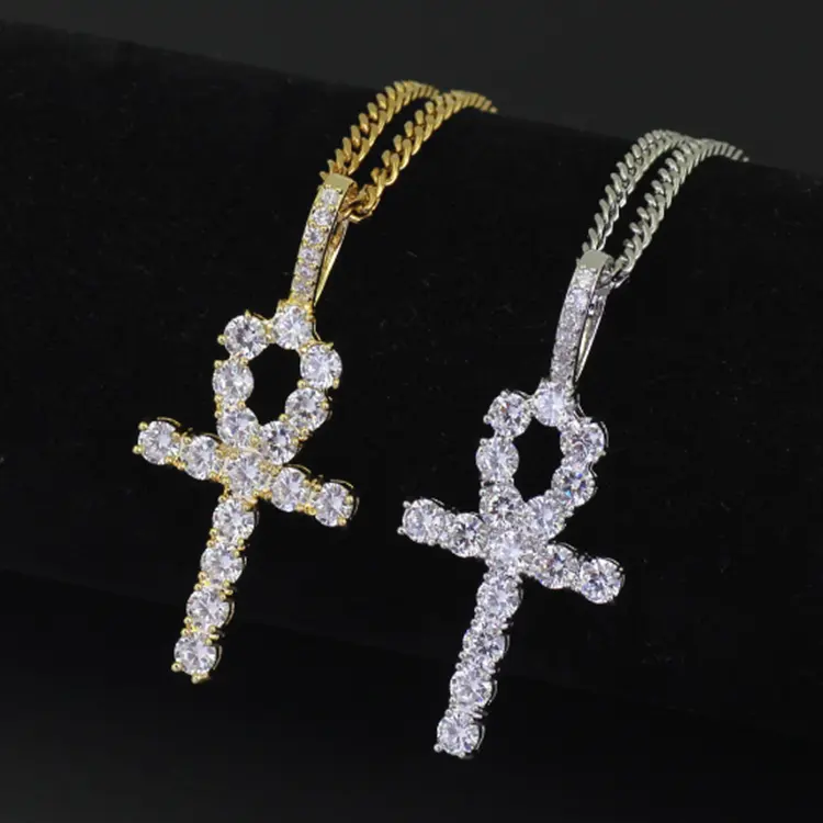 New Fashion gold plating finish egypt ankh jewelry necklace cubic zirconia cross necklace mean and women