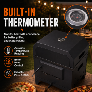 <span class=keywords><strong>Barbecue</strong></span> portable au charbon de bois avec couvercle four à pizza, fourneau de camping extérieur avec thermomètre et pierre à pizza - Product Image 4