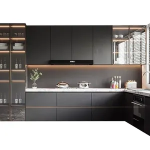 Siyah ev tek elden mutfak dolapları ev Minimalist dekorasyon tasarım katı ahşap dolapları Morden mutfak dolabı bileşenleri