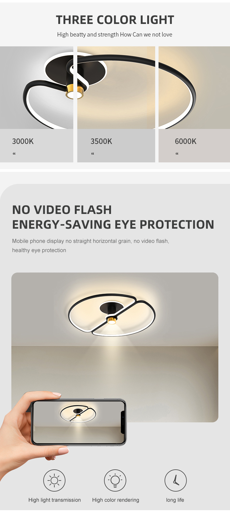 Long Term Use Indoor Fashion Decoration Black Aluminum Bedroom Living Room Modern LED Ceiling Lamp