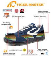 Sepatu Keselamatan Kerja Pria Tiger Master CE S1P, Pelindung Jari Kaki Fiberglass, Anti Tusuk, Anti-statis, Kulit Suede Biru, Sol PU Anti-selip