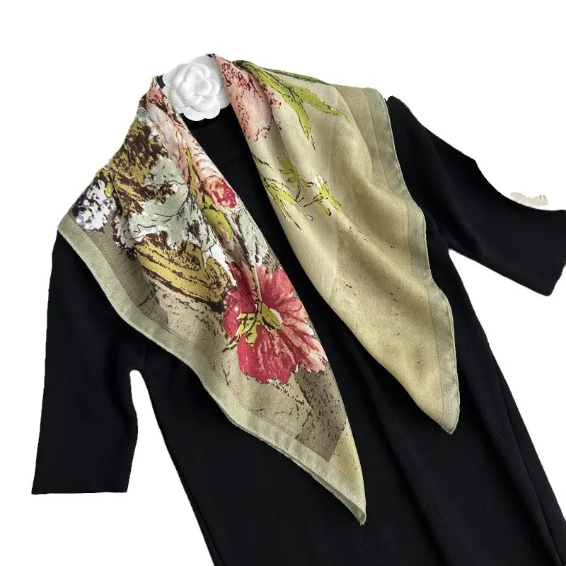 Autumn Long Silk Scarf Elegant High-End Purple Flower Print Versatile Thin Cotton and Linen Texture Decorative Scarf