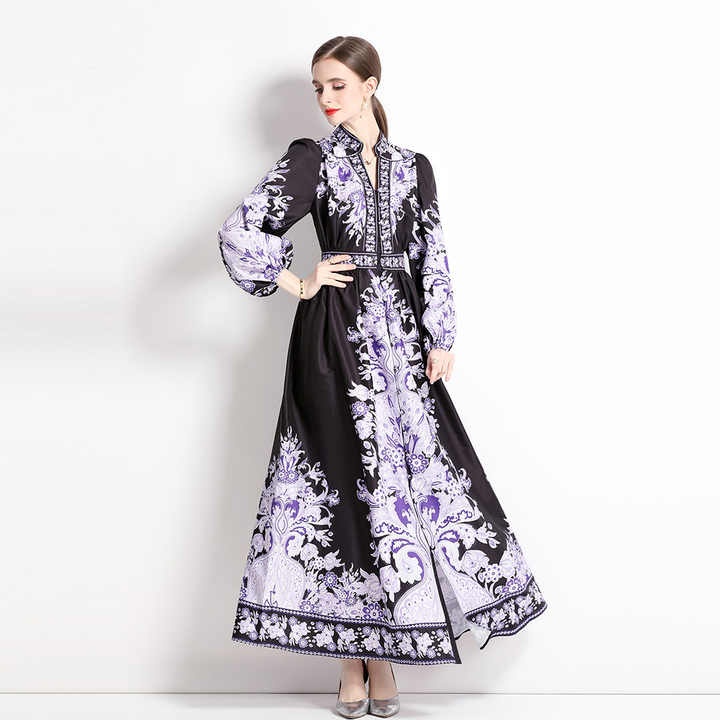 Women's Middle Eastern Muslim Vintage Print Lace-Up Dress