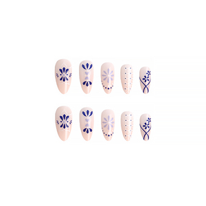 24 <span class=keywords><strong>Uñas</strong></span> Postizas <span class=keywords><strong>de</strong></span> <span class=keywords><strong>Porcelana</strong></span> Azul y Blanca, <span class=keywords><strong>Uñas</strong></span> Acrílicas Largas con Diseño Floral Geométrico Pintado a Mano - Product Image 4
