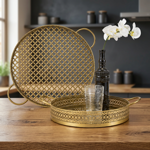 Juego de bandejas decorativas redondas de latón SAFA INTERNATIONAL con patrón vertical, diseño moderno, florero de mesa para frutas de Ramadán - Product Image 1