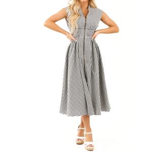 Nouvelle robe d'été pour femme avec logo personnalisé, col en V, sans manches, taille smockée, fermeture éclair, robe midi à carreaux - Product Image 2