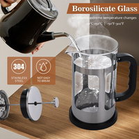 Cafetière à piston 600ml 800ml 1000ml en verre borosilicate de qualité alimentaire avec filtre en acier inoxydable 304 pour thé et café