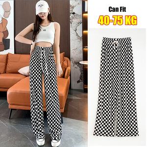 Women Summer Spring Plaid Casual Pants Ice Silk Smooth Loose Wide Leg <strong>Trousers</strong> New Lady <strong>Checkered</strong> Long Pants - Product Image 3