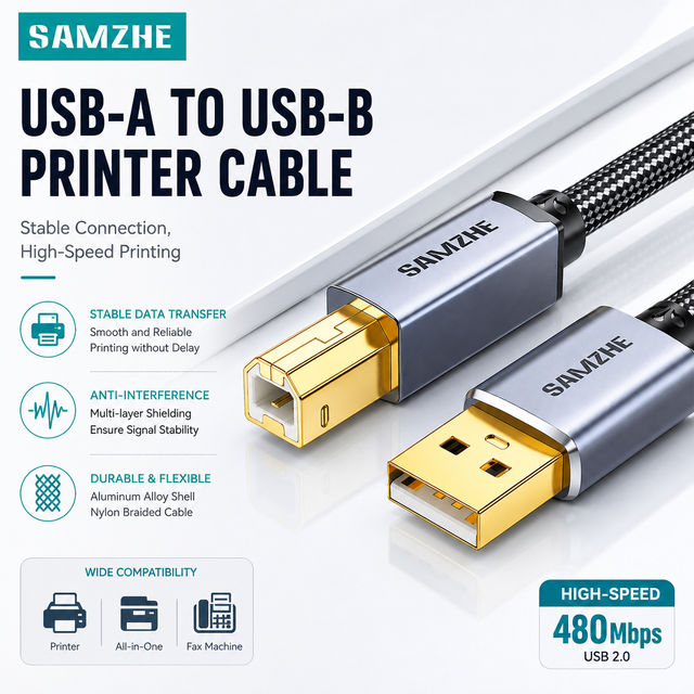 SAMZHE USB 2.0 B Printer Cable High Speed 480Mbps Gold-Plated Aluminum Alloy Housing Multi-Layer Shielded Nylon Braided for