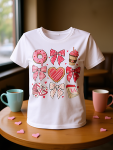 T-shirt da donna taglie forti per San Valentino, a maniche corte, girocollo, stampa con fiocco, ciambella e caffè, casual, per tutte le stagioni - Product Image 2