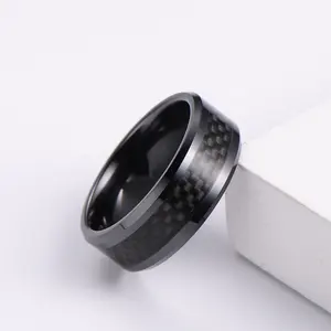 Classic Ring Jewelry High Polishing 8MM Black Zirconium Wedding Bands Beveled Edge Black Carbon Fiber Ceramic Rings