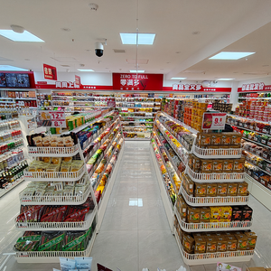 Espositore Minimalista Bianco Puro Metallico per Supermercati, Scaffale Trasparente Efficiente a Doppio Lato con Design a Isola Centrale a Gradini, Veloce e Pratico - Product Image 2