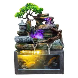 Resin Ornaments Fish Pond Fountain LED Lights Rockery Flowing Water Fountain Contains Aquarium