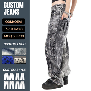 Pantalones Vaqueros Anchos YUCE con Lavado Ácido, Remaches y Parches Geométricos Góticos, Estilo Opium Streetwear con Roturas - Product Image 3
