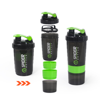 Bouteille shaker de protéines de gymnastique en plastique noir à trois couches de 500ml sans BPA avec logo personnalisé bouteille d'eau de gymnastique sportive avec marqueur à tiques