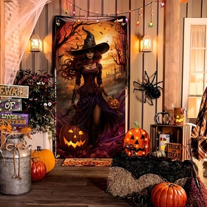Housse de porte d'Halloween en polyester, motif sorcière, citrouille effrayante, corbeau, château et coucher de soleil, pour porte d'entrée, décoration de fête maison hantée - Product Image 4