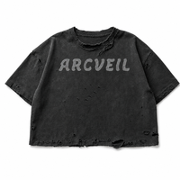 Kaos Crop Pria Berhias Rhinestone, Model Acid Wash Charcoal, Boxy Heavy Distressed Shredded, Supplier Grosir