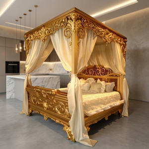 Luxury <b>Victorian</b> King Size Canopy <b>Bed</b> with Teakwood <b>Frame</b> Antique Gold Finish Fabric Drapes-Home Furniture 5 Year Warranty - Product Image 5