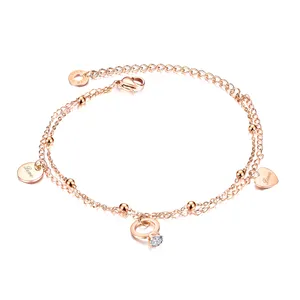 Simple Summer Beach Niche Design Stainless Steel Anklet For Women Double Layer Love Zircon Bangles And Bracelet Jewelry