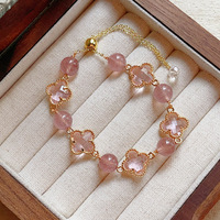 Bracelet ajustable pour femme en or ton or avec trèfle à quatre feuilles, cristal naturel, bracelets tendance, bijoux superposés, cadeau