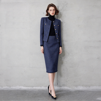 Ensemble blazer et jupe en tweed tissé avec boutons dorés de luxe ZYHT 75382, nouvelle arrivée hiver, bleu rouge, style chic pour femme, ensemble deux pièces