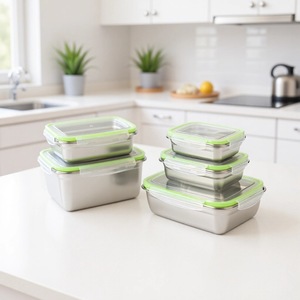 304 Stainless Steel Rectangular Food <b>Storage</b> <b>Container</b> With Silicone Lid Clip On Sealing For <b>Kitchen</b> Refrigerator Lunch Travel - Product Image 1