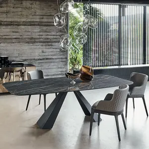 Роскошная мебель на заказ, основание из углеродистой стали, прямоугольная керамическая современная мебель с мраморным верхом, обеденный стол и стулья, наборы