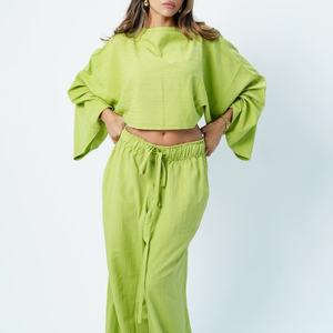 Conjunto de Dos Piezas de Lino y Algodón de Verano para Mujer, de Alta Calidad, con Mangas Abullonadas y Pantalones Holgados - Product Image 2