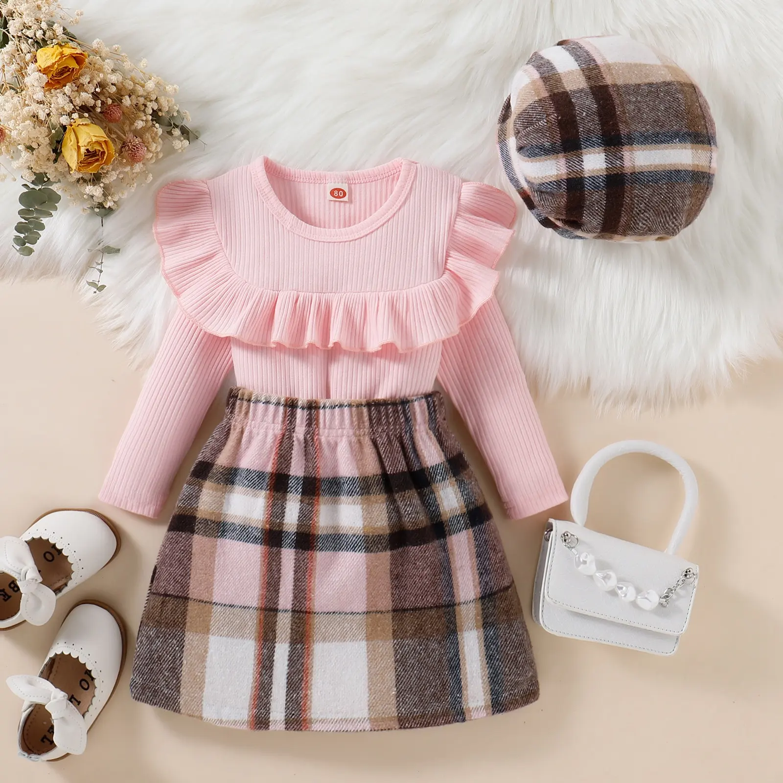 Conjunto de roupas de bebê para meninas outono inverno 2024, blusa xadrez de algodão rosa doce com renda, chapéu e saia, chapéu para meninas, ideal para o ano de 2024