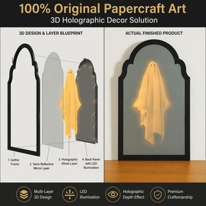 Halloween LED Ghost <b>Mirror</b> Wavy Wooden <b>Hanging</b> <b>Mirror</b> Arched Frame Wall Mounted Home Shop Decoration - Product Image 5