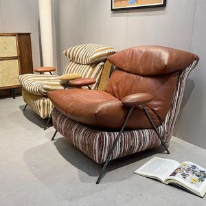 Italian Style Genuine Leather Lounge <b>Chair</b> With Fabric Upholstery Living Room Single Seat Fully Assembled - Product Image 4