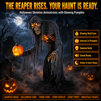 Squelette de la mort animatronique d'Halloween avec yeux lumineux, son et lumière de citrouille, pour maison hantée et vitrine de magasin, OEM, vente en gros