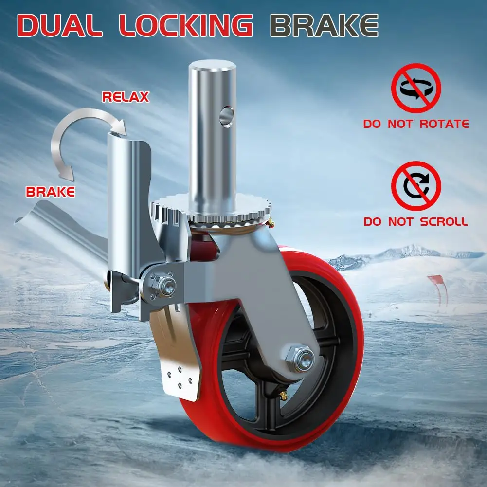 Roda universal para andaimes Eagle, rodízio de freio com barra de 8 polegadas, roda de nylon, borracha, poliuretano e ferro