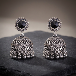 Trendy Vintage Women's Drop <b>Stud</b> <b>Earrings</b> Tibetan Silver Gold-Plated Bell Tassel Shape <b>Black</b>/Grey Stones 18g Religious Party - Product Image 2