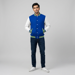 Custom Blue <b>White</b> Stand <b>Men's</b> Varsity <b>Jacket</b> 100% Cotton Baseball Fashion College Uniform Streetwear Outerwear OEM ODM Wholesale - Product Image 1
