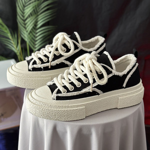 Frayed <b>Edge</b> Canvas Platform Sneakers Multi Color Pastel Low Top Thick Sole Minimalist Athletic Casual Lace Up Urban Daily Shoes - Product Image 5