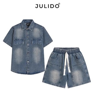 Conjunto vaquero corto de sarga para hombre de verano al por mayor, conjunto corto de dos piezas con botones a la moda, conjunto Vaquero de algodón transpirable - Product Image 2