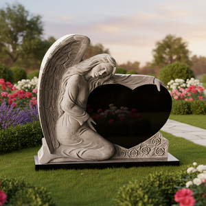 Pierre tombale en granit noir de style américain traditionnel, très demandée, avec sculpture d'ange et garantie d'un an - Product Image 1